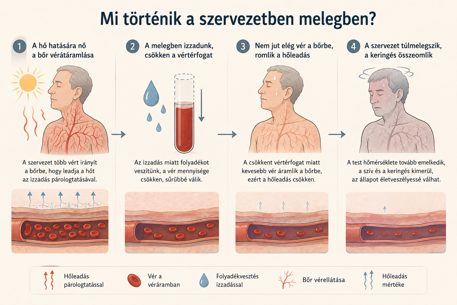 A csökkent térfogatú sűrűbb vér komoyabb erőfeszítést kíván a keringési rendszertől, hogy a hűtést biztosítsa. A vérkeringés romlása növeli a hőguta esélyét.