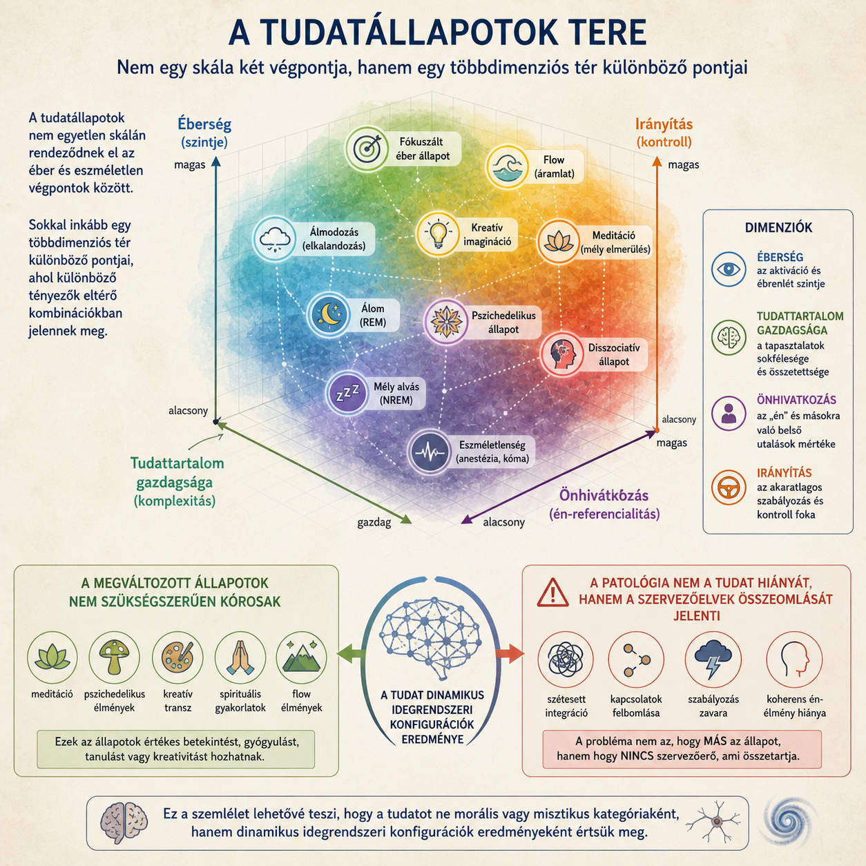 AI generált ábra a tudatállapotok összefoglalására. Majdnem tökéletes. Jól hangsúlyozza, hogy a tudatállapotokat több tengely mentén lehet felrajzolni. A hiba ott csúszott be, hogy a 3D színes ábrán néhány pont nem jó helyén van a tengelyeknek. De a lényeget mutatja.