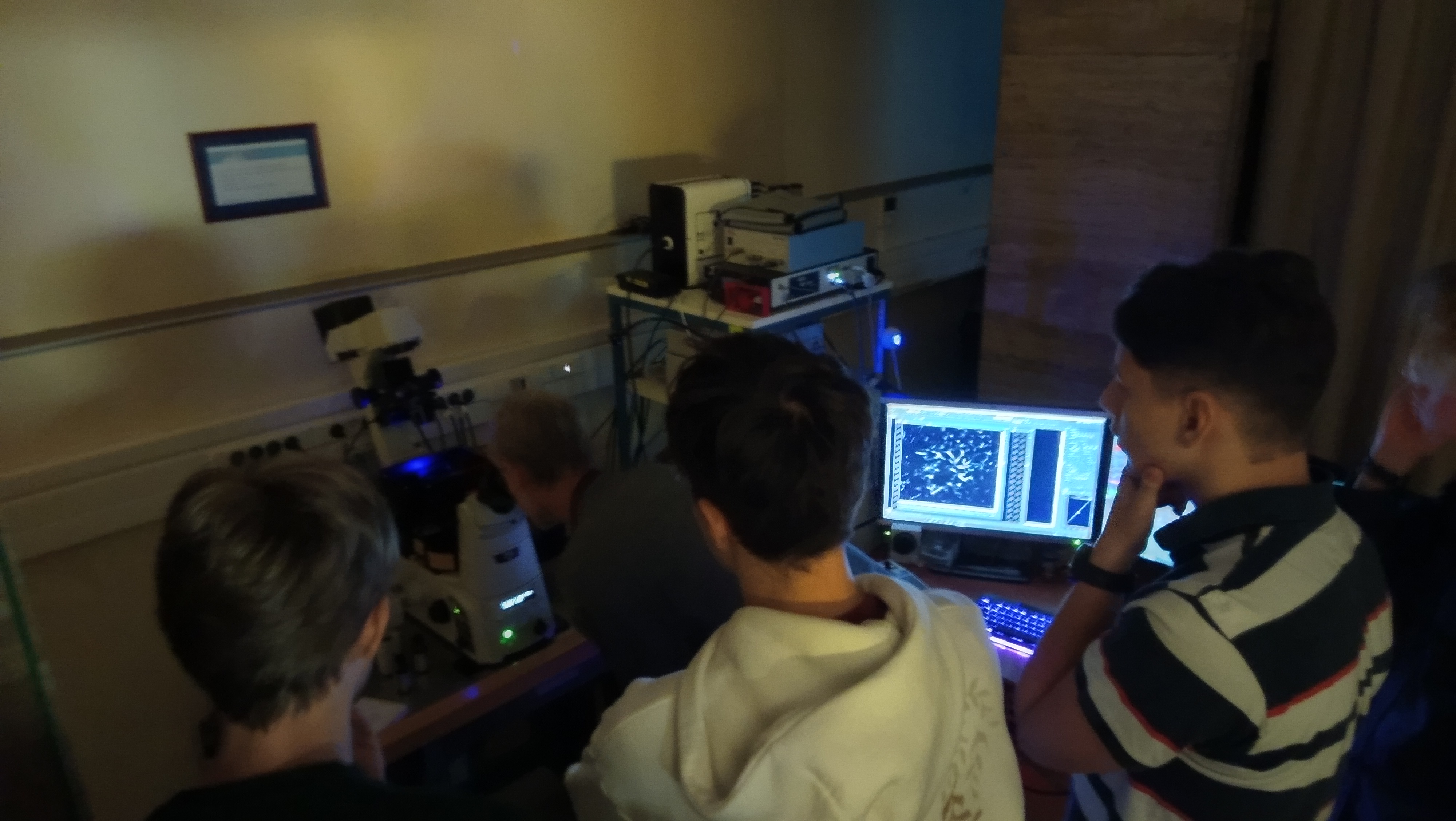 Diákok a fénymikroszkópos központban egy konfokális mikroszkóp működését ismerik meg.