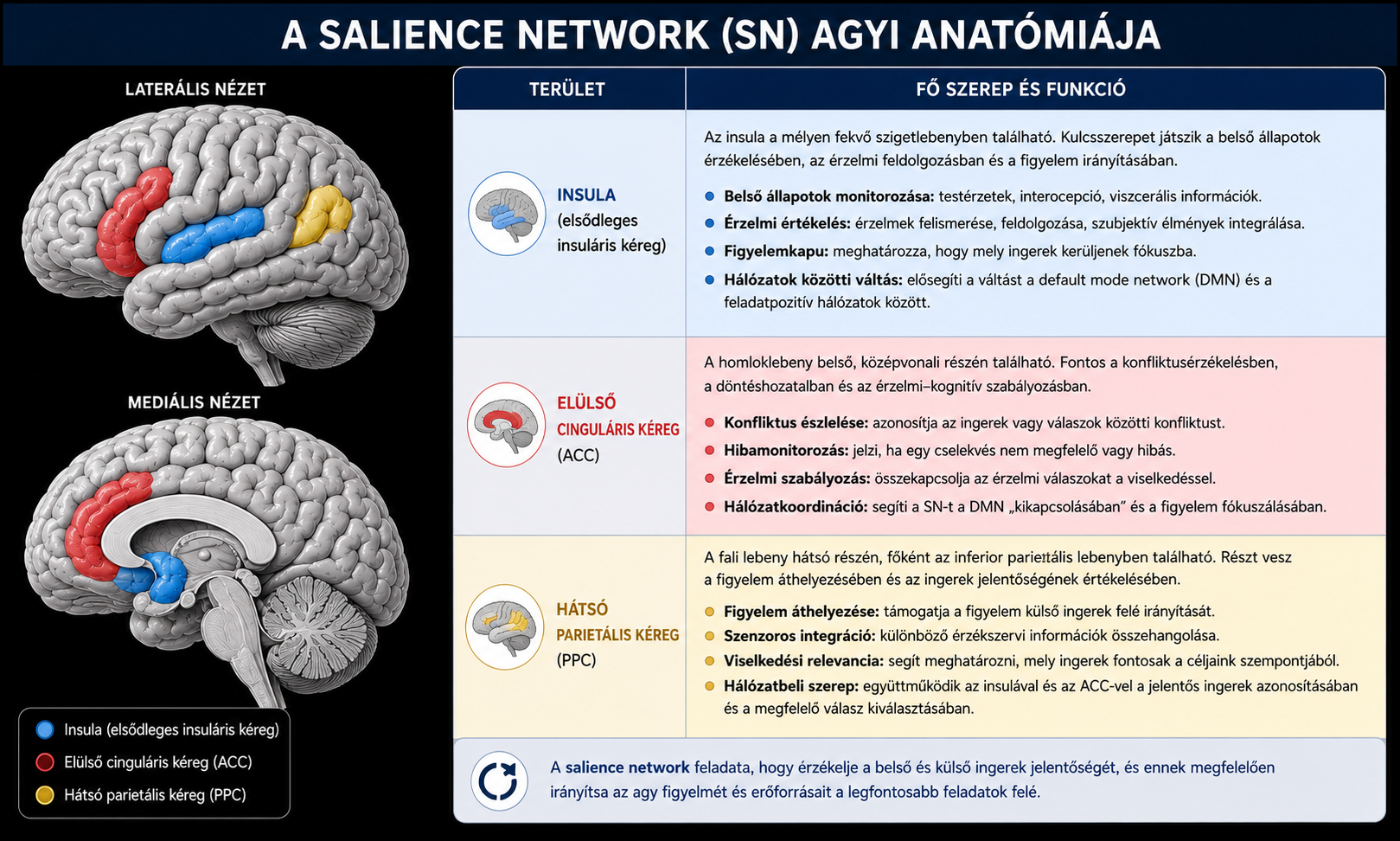 A figyelmi hálózat, a salience network (SN) elemei.