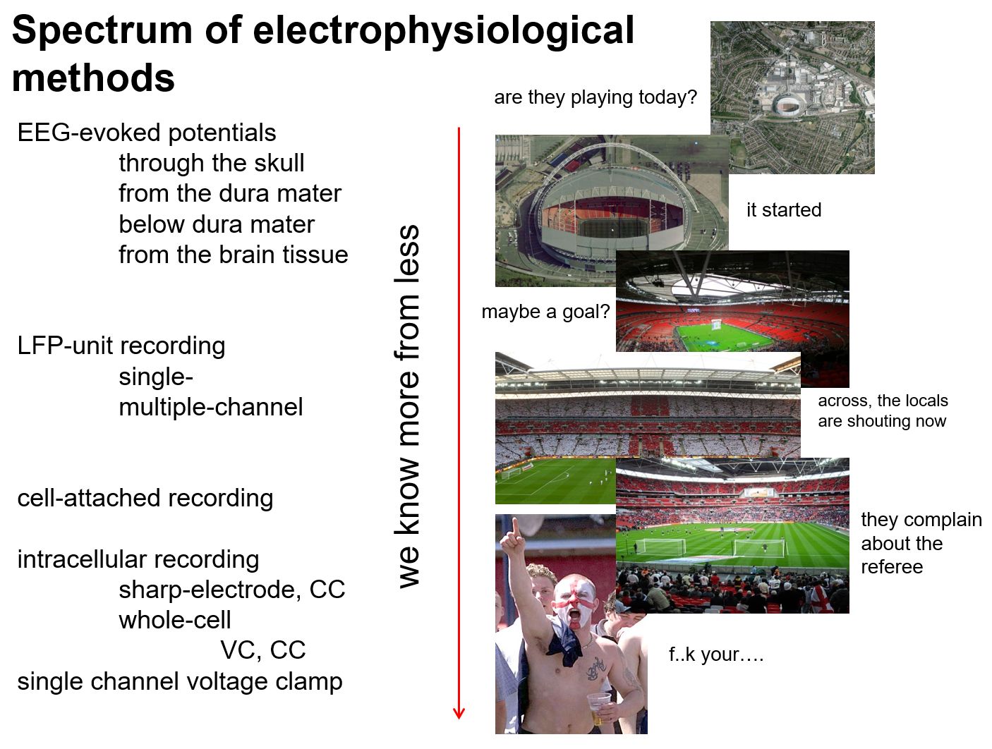 A bal oszlopban felölről lefelé az egyre finomabb felbontású elektrofiziológiai módszerek olvashatók. A jobb szemléltetjük hogyan tudunk meg egyre kevesebbről egyre többet ahogy közeledünk egy zajos stadionhoz.