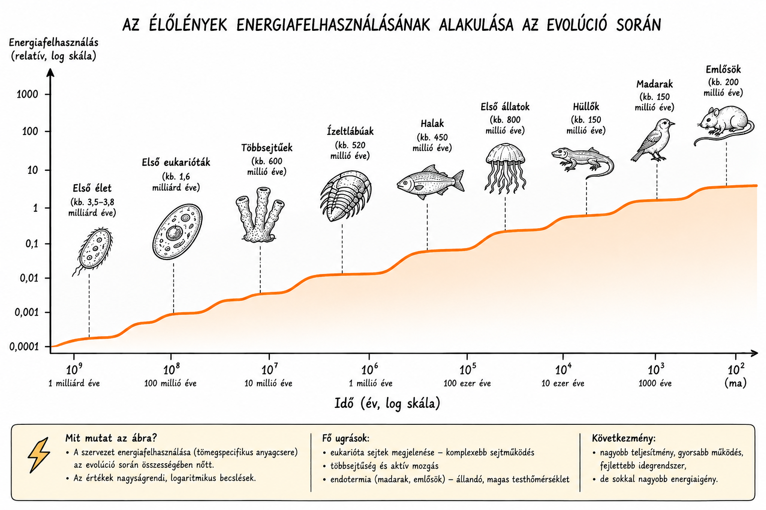 Az evolúció során a sejtek egyre hatékonyabban kezdték el felhasználni a környezetükben rendelkezésre álló energiát. Ezáltal ugye gyorsabb anyagcserére, szaporodásra, hatékonyabb mozgásra és fejlettebb idegrendszerre tett szert a sejtekből alkotott egyed. A vízszintes tengelyen az idő, a függőlegesen egy energiafelhasználás arány skála látható. FIGYELEM! Mindkét skála logaritmikus, azaz egy-egy lépés tízszeres növekedést jelent. Az ábra meglehetősen vázlatos. Ugye az emlősök nem követik a madarakat az evolúcióban, hanem külön ágat képviselnek és még csak azt sem mondhatjuk, hogy több energiát használnak (sőt). De a lényeg látszik, egy emlős sejt többezserszer több energiát termel mint egy korai egysejtű, ennek megfelelően a testnek gondoskodnia kell a hőleadásról.